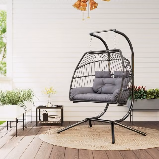 Outsunny Rattan Double Hanging Egg Chair with Stand in Dark Grey