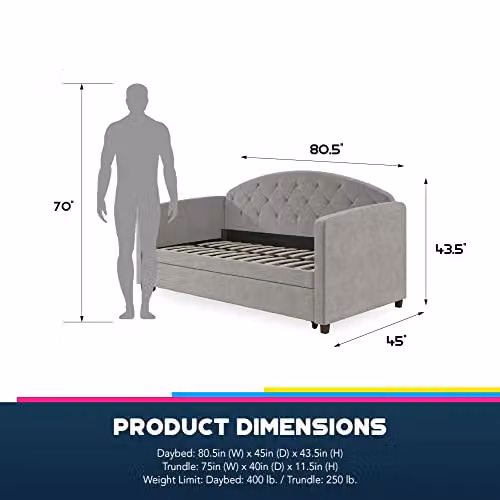 DHP Furniture Aspen Daybed with Trundle, Grey Velvet Upholstered – 6