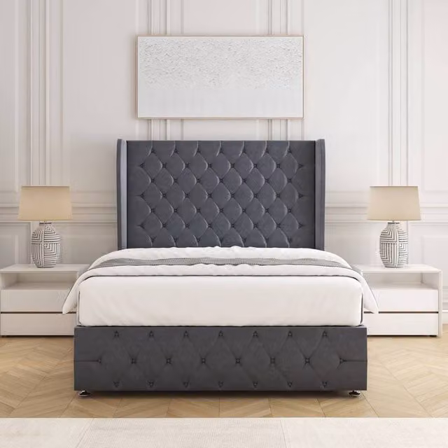 BSSPOKE Faye Plush Velvet Divan Bed Set with 54 inch Headboard and Mattress in Charcoal Grey, Super King, W/D/H: 180 x 200 cm