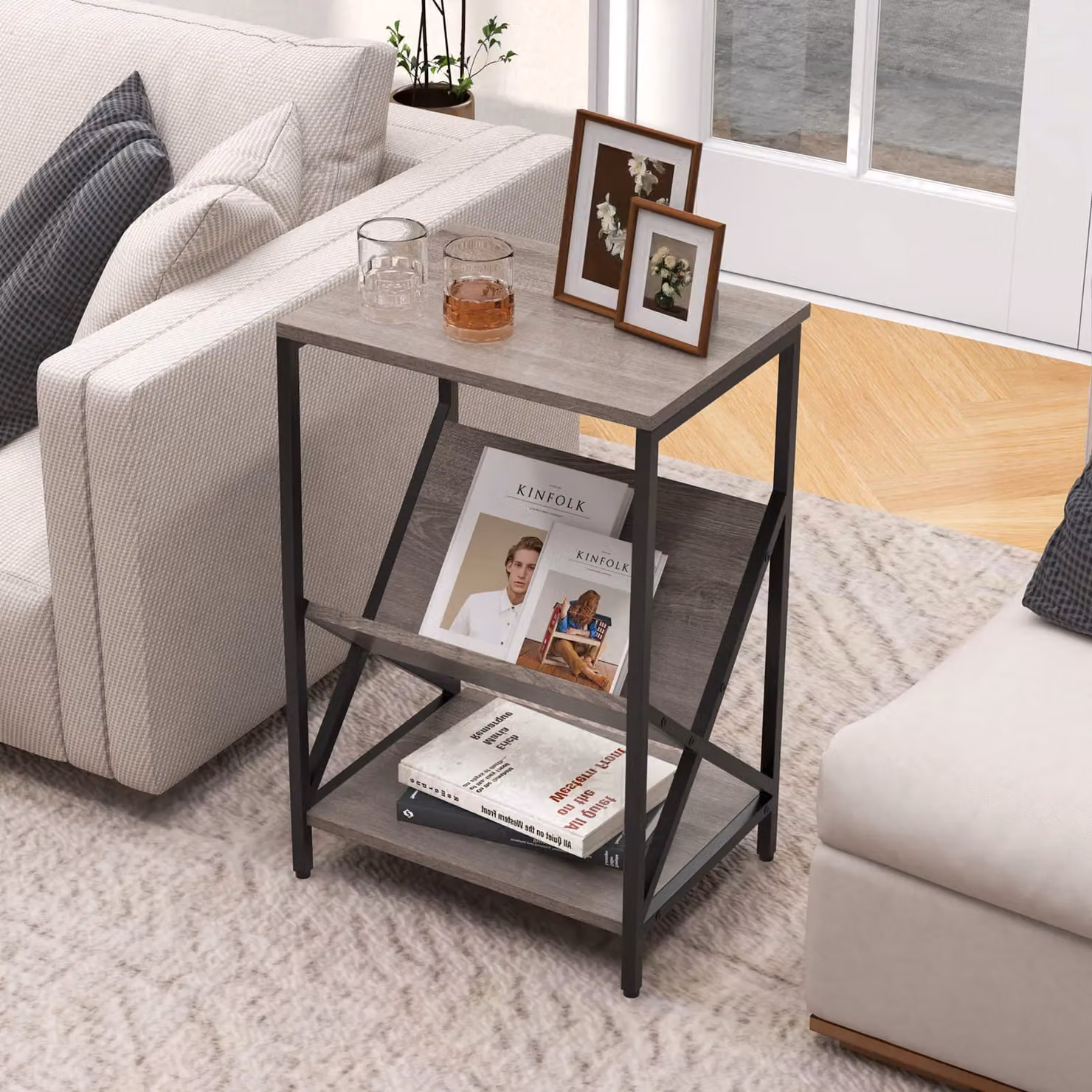 Gymax 3-Tier White Side Table with V-Shaped Magazine Holder and Metal Frame – 2