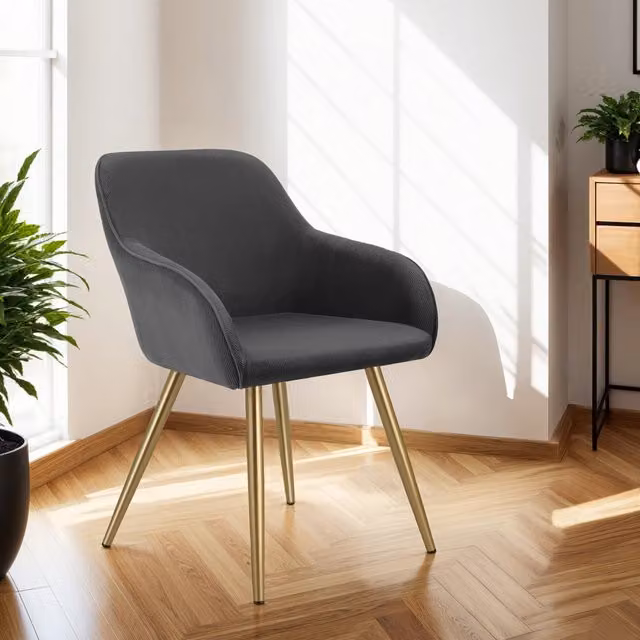 Tectake Scandi Dining Chair with Padded Boucle Fabric and High Backrest in Anthracite and Gold, Set of 2, Height: 82 cm