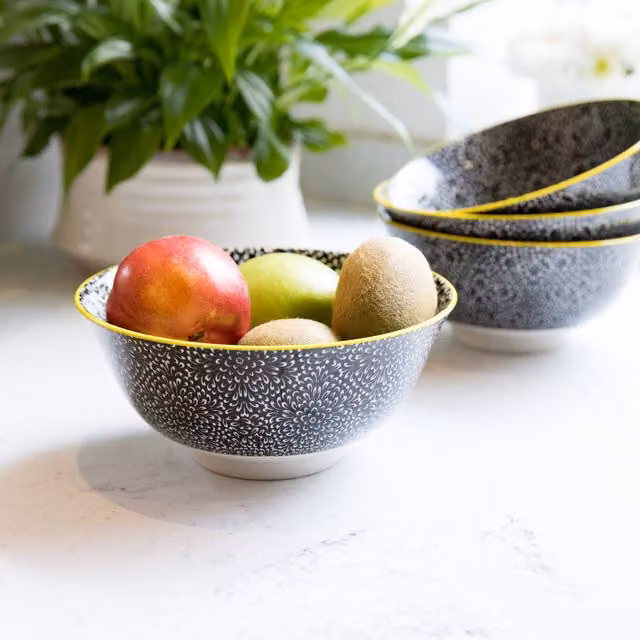 KitchenCraft Set of 4 Black and White Floral Ceramic Stoneware Bowls