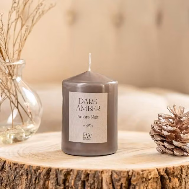 Marco Paul Dark Amber Scented Pillar Candle in Brown, 30 Hour Burn Time