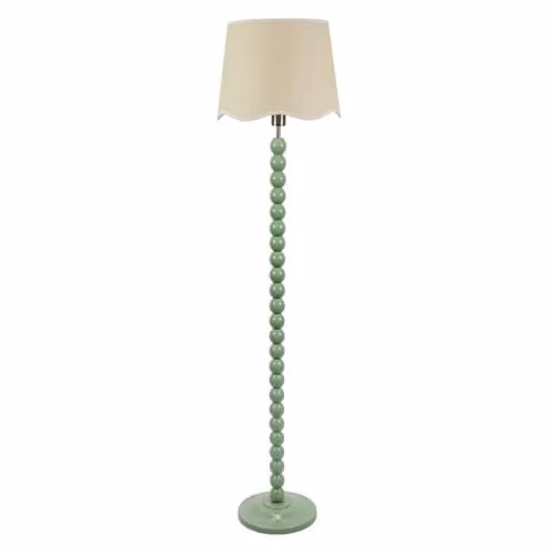 ValueLights Sage Green Bobbin Stem Floor Lamp with White Trim Scallop Fabric Shade and LED Bulb