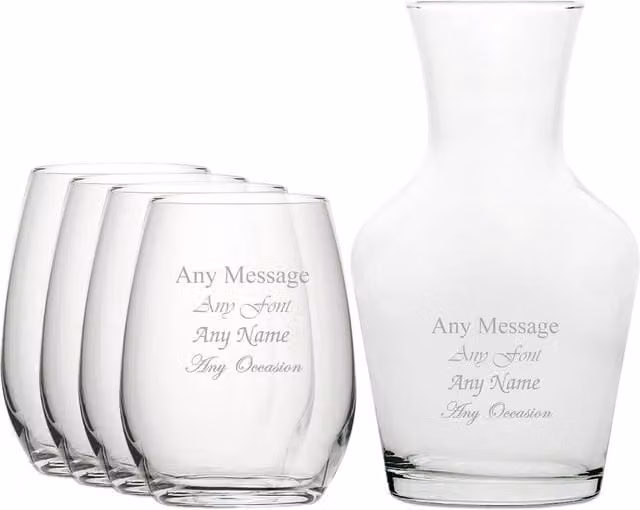 Uniqueful Personalised Set of 4 Stemless Glass Wine Glasses and 500 ml Vin Carafe in Clear