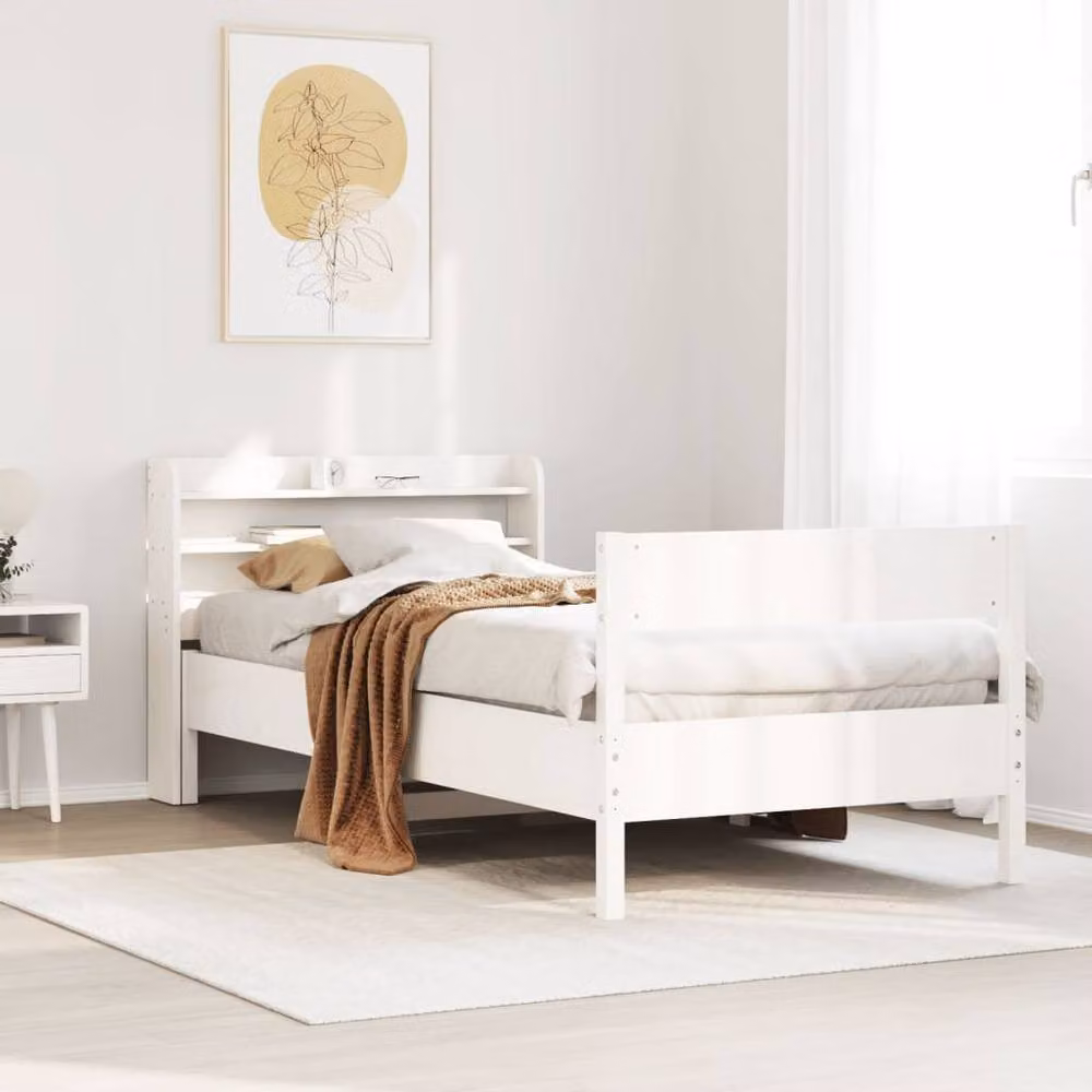 Berkfield Home White Solid Pine Wood Bed Frame with Side Compartments W/D/H: 90 x 200 cm