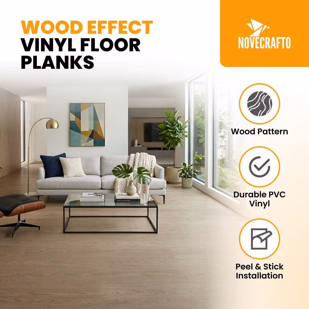 Novecrafto Self Adhesive Wood Look Vinyl Floor Planks, Pack of 10, Light Beige, W: 91.4 cm, D: 15.2 cm – 2