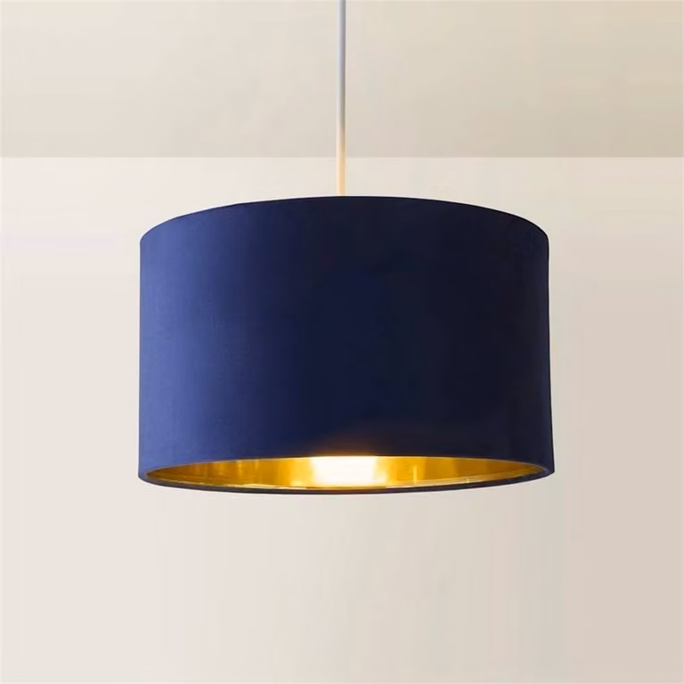 FORGEVIO Navy and Gold Fabric and Metal Cylinder Lampshade, Diameter: 35 cm