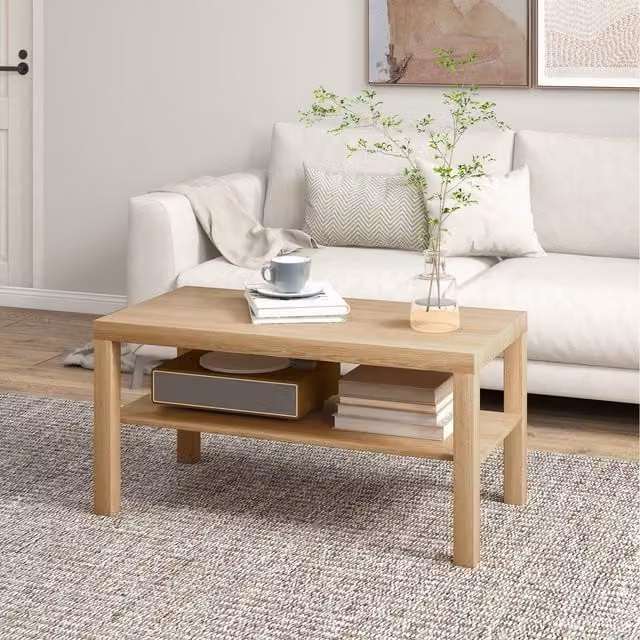 HOMCOM 2-Tier Rectangular Coffee Table with Storage Shelf in Brown Wood Finish