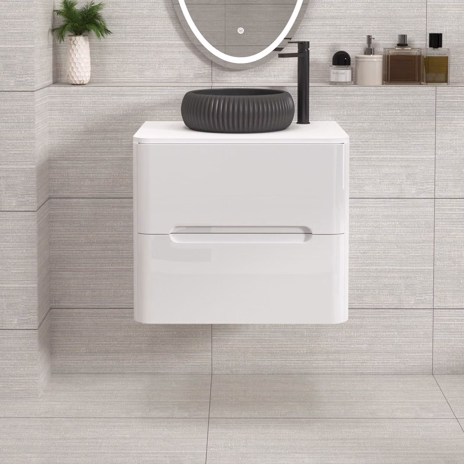 Royal Bathrooms Venice 600mm Gloss White Wall Hung Vanity Unit with 2 Drawers, Plain White Worktop and Milan Black Basin