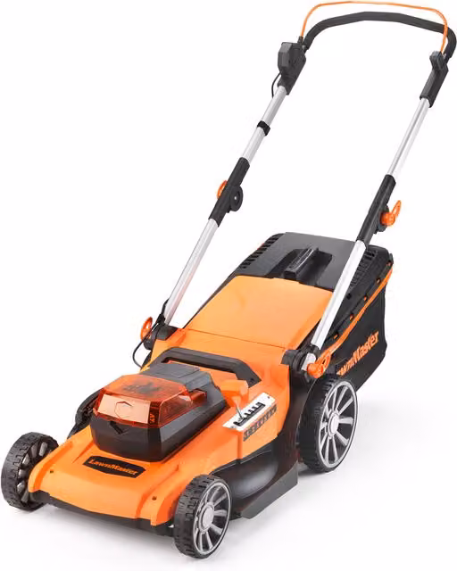 LawnMaster 48V Cordless Lawnmower with 4 Batteries, Orange, 46cm