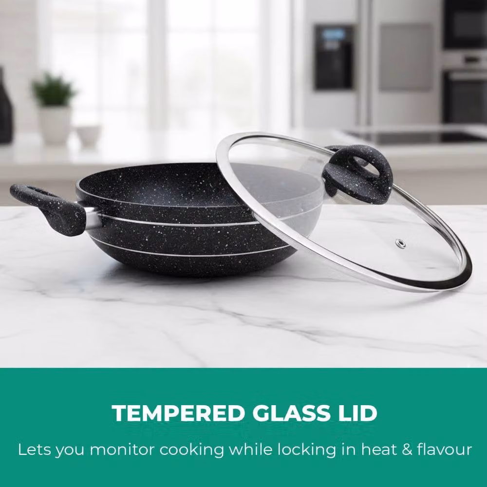 Royalford Black Granite Coating Non-Stick Wok Pan with Glass Lid for Multi Hob – 3