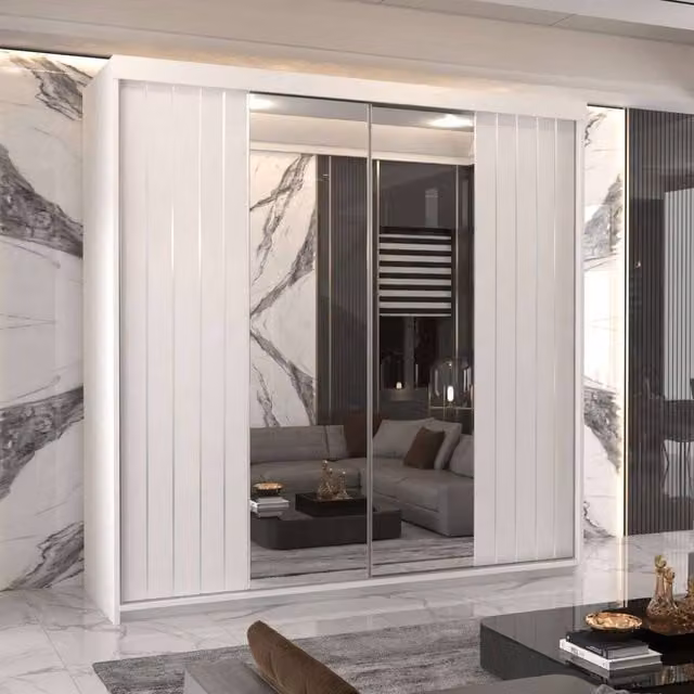 MN Furniture Merida Modern Sliding Wardrobe with Mirror and Integrated LED Lighting, White and Silver, W: 200 cm, H: 217 cm, D: 62 cm