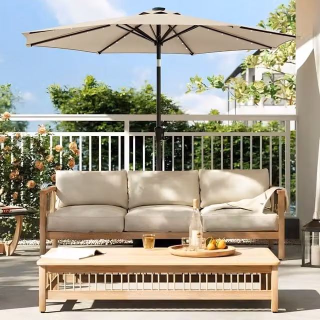 The Bazaarist 2.7 m Garden Parasol with Solar LED, UPF 50+ Protection and Tilting Crank in Beige