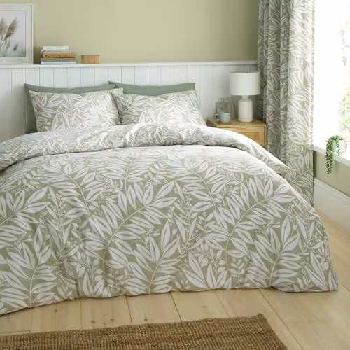 Catherine Lansfield Sorrel Leaf Reversible Double Duvet Cover and Pillowcase Set, Green