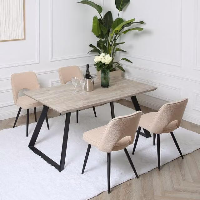 Home Garden Direct Dorchester Dining Set with Rectangular Wooden-Effect Table and 4 Beige Boucle Chairs