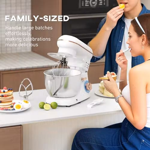 HOMCOM 1300W Electric Stand Mixer with 4.5L Bowl and 6 Speeds in White – 5