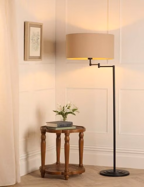 Laura Ashley Marlowe Art Deco Adjustable Floor Lamp in Black and Silver with Beige Fabric Shade