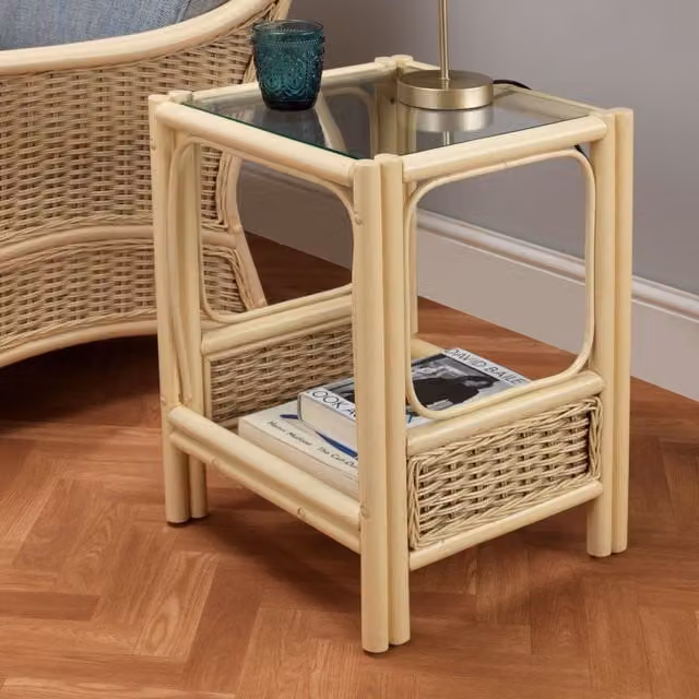 Chelsea Cane Side Table in Natural Wash and Ivory with Glass and Rattan Details
