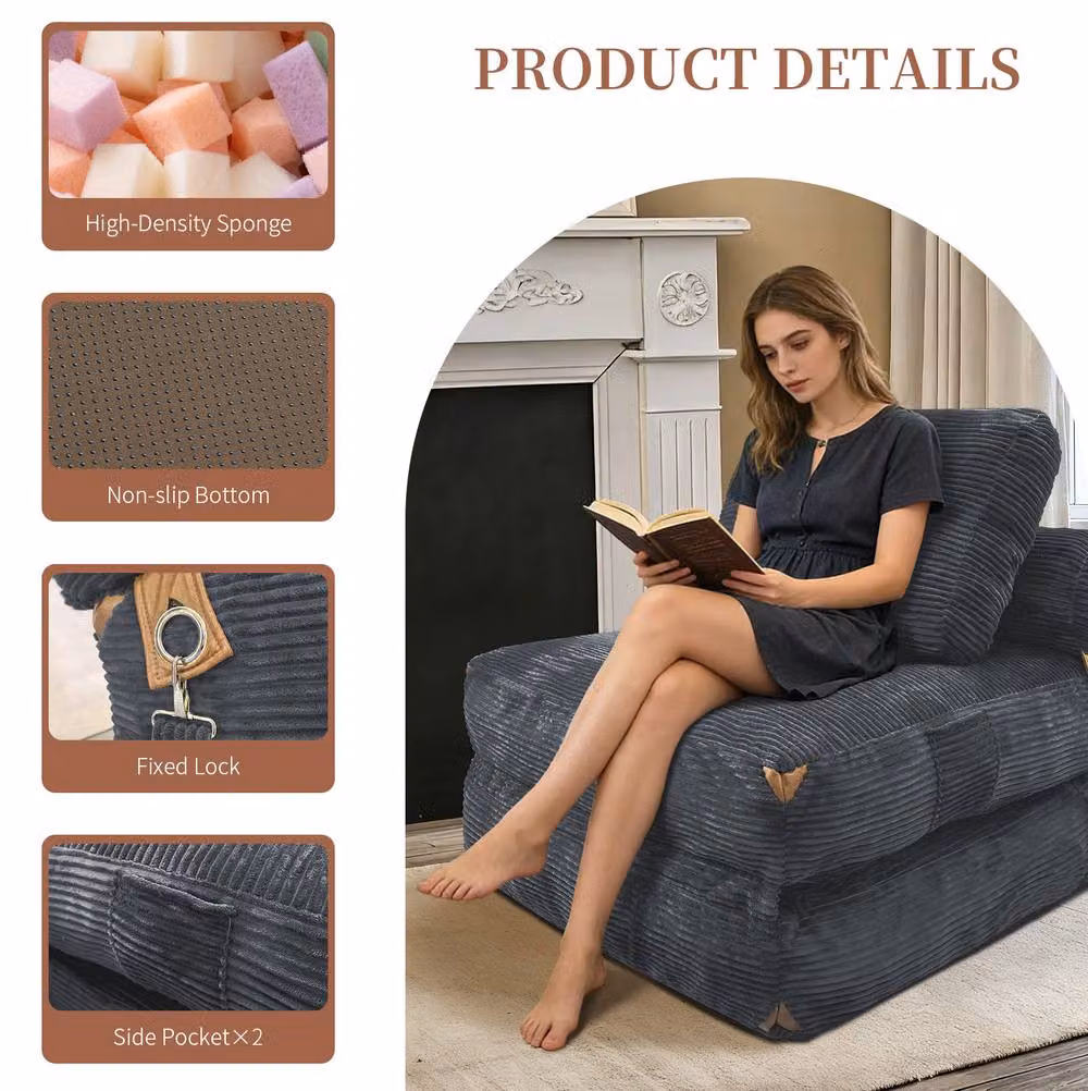 STILVORA Grey Striped Floor Sofa Bed with Foam Padding and Side Pockets – 5