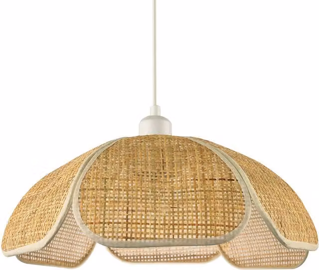 Happy Homewares Art Deco Rattan Pendant Shade in Brown with Cream Fabric Trims, W: 40 cm, D: 40 cm, H: 17 cm – 1