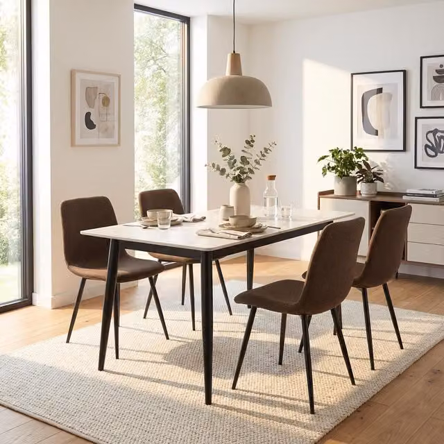 FWStyle 5 Piece Sintered Stone Dining Set with Rectangular Table and Chairs in Cream and Dark Brown