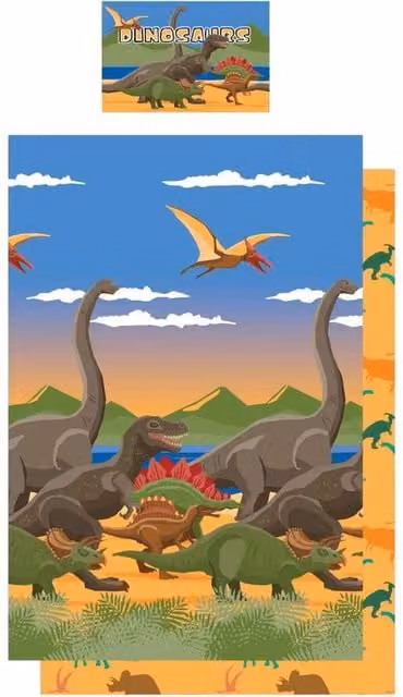 Floso Dino Herd Reversible Duvet Set and Pillowcase, Multicolour, W: 140 cm x L: 200 cm