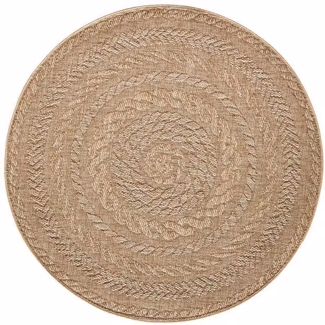 THE RUGS Almendro Round Indoor Outdoor Rug with Beige Chevron Design and High Low Texture, Diameter: 160 cm
