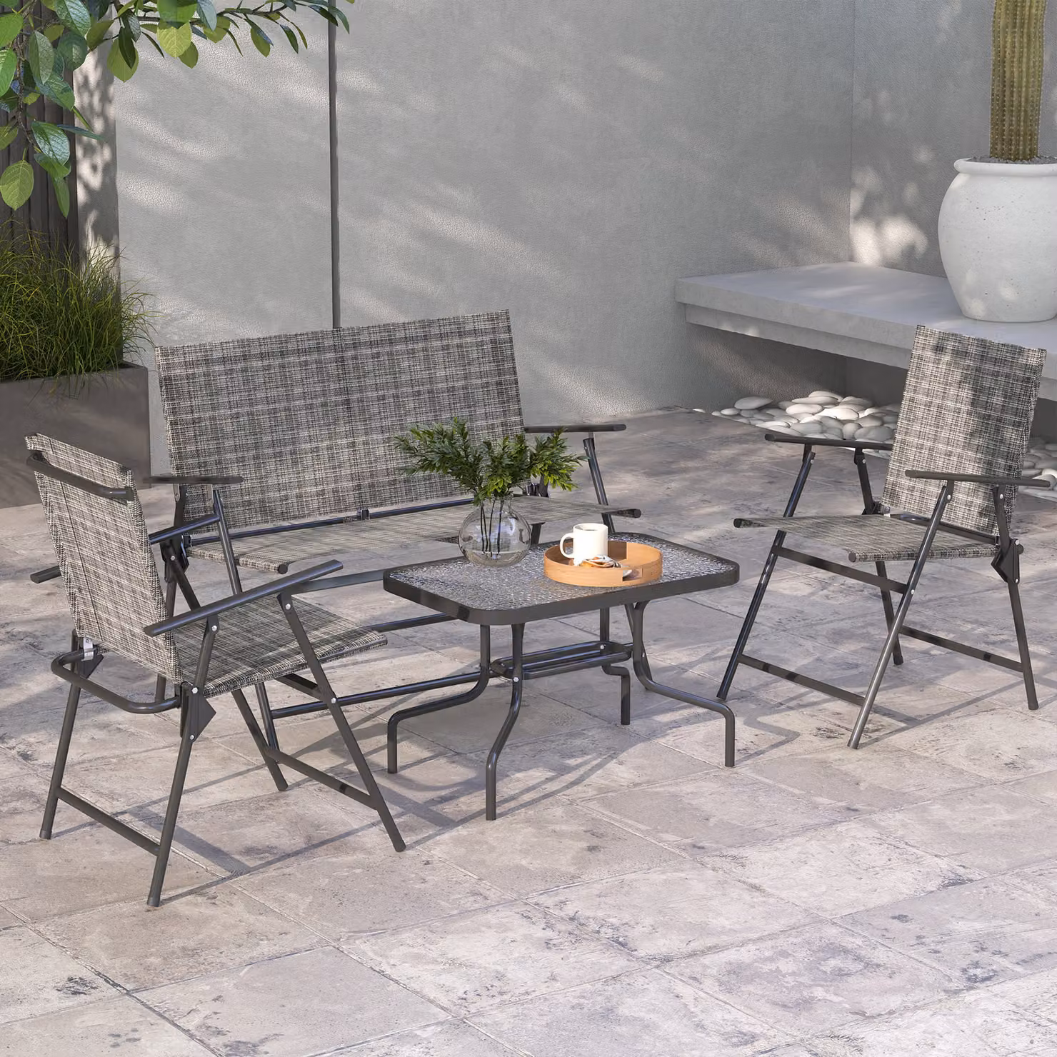 Outsunny 4 Piece Patio Furniture Set in Mixed Grey with Breathable Mesh Fabric Armchairs, Loveseat and Glass Top Table – 2