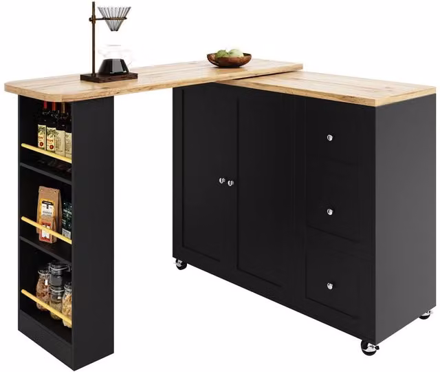 Rolipo 360 Swivel Bar Table and Kitchen Island with 3 Drawers, Black