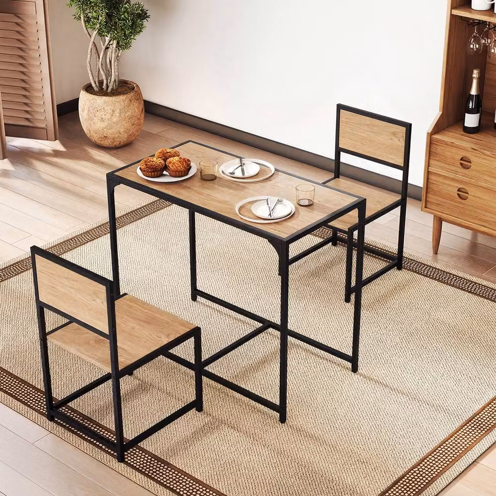 Costway Industrial 3-Piece Dining Set with Rectangular Wood Table and 2 Chairs in Brown and Sand – 5