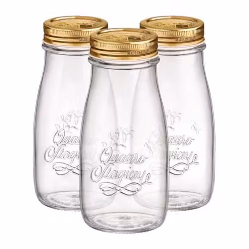 Bormioli Rocco Quattro Stagioni Glass Bottles with Screw Top Lids, Pack of 3, Transparent and Gold, 400ml – 1