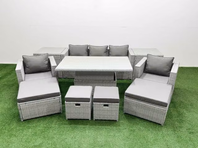 Fimous 10 Piece Rattan Dining Table Set with 3 Seater Sofa in Light Grey