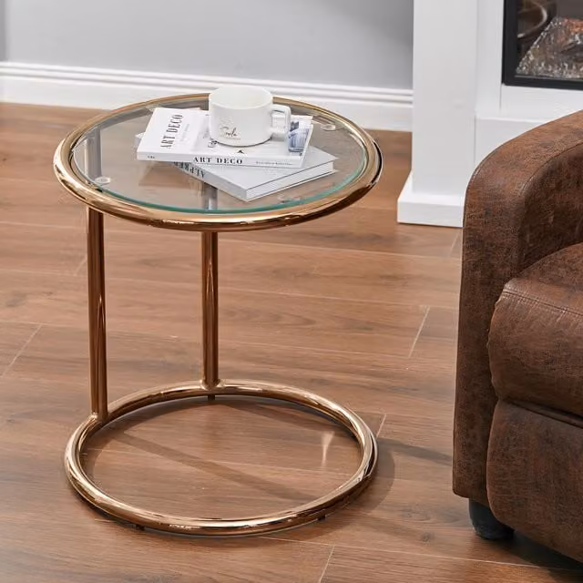 Livingandhome Modern Round Tempered Glass Coffee Table with Gold Chrome Central Column