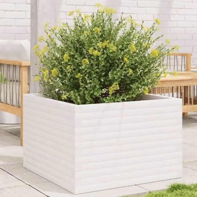 Berkfield Home White Solid Wood Pine Garden Planter Tub W: 70 cm, D: 70 cm, H: 46 cm