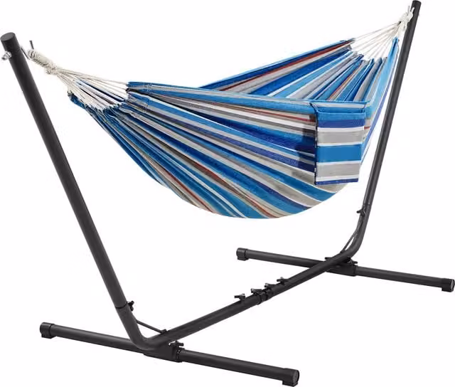 Yaheetech Double Adjustable Maritime Striped Hammock with Powder Coated Steel Stand in Blue and Red