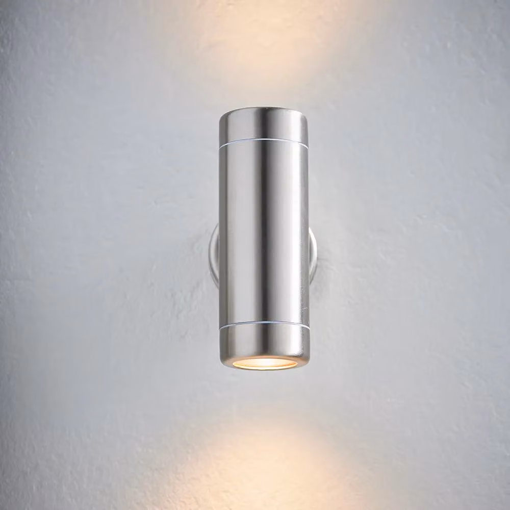 Loops Up & Down Twin Outdoor Wall Light in Silver Marine Grade Stainless Steel with Transparent Glass – 2