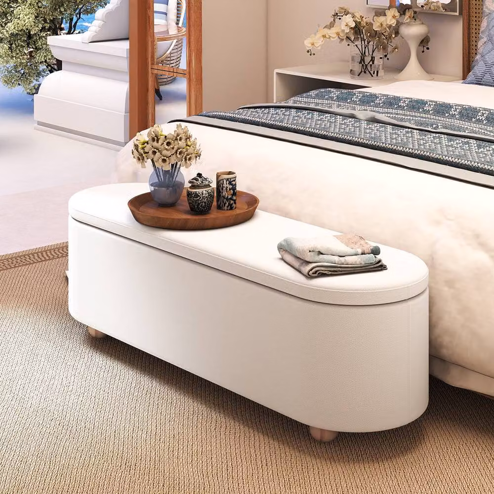 Gymax Oval Storage Bench Ottoman with Flip Top and Rubberwood Legs in White – 8