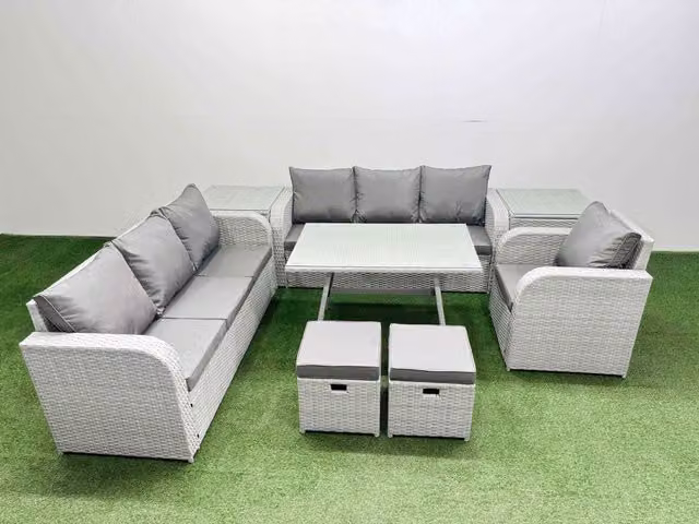 Fimous 8 Piece Grey PE Rattan Garden Furniture Set with Upholstered Cushions, 2 Side Tables and 2 Stools