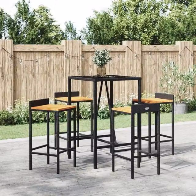 Berkfield Home 5 Piece Garden Bar Set in Black Poly Rattan and Solid Acacia Wood – 1