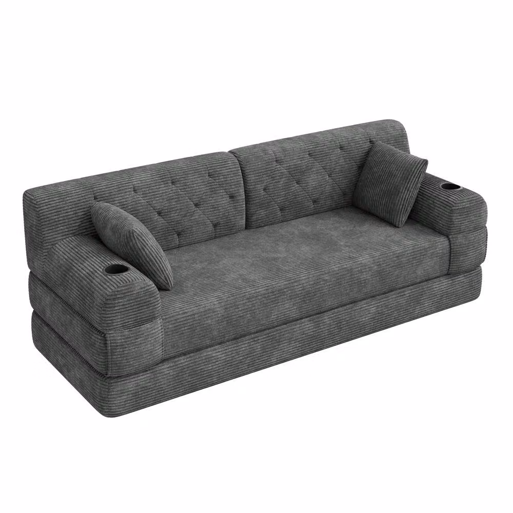 BTM 3 Seater Corduroy Sleeper Sofa in Dark Grey with Cup Holders and Side Pockets – 5