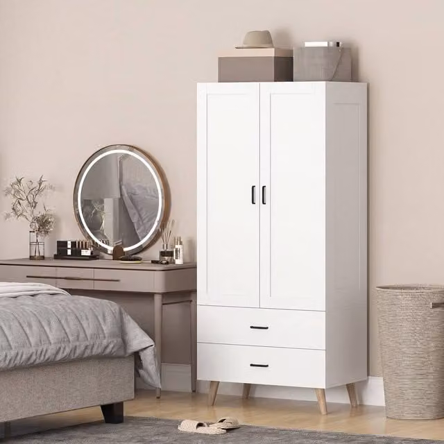 HOMCOM Modern 2-Door White Wardrobe with Internal Drawers and Hanging Rail, W/D/H: 80 x 52 x 180 cm – 1