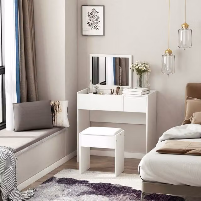 HOMCOM Modern White Dressing Table Set with Flip-up Mirror and Storage Drawer