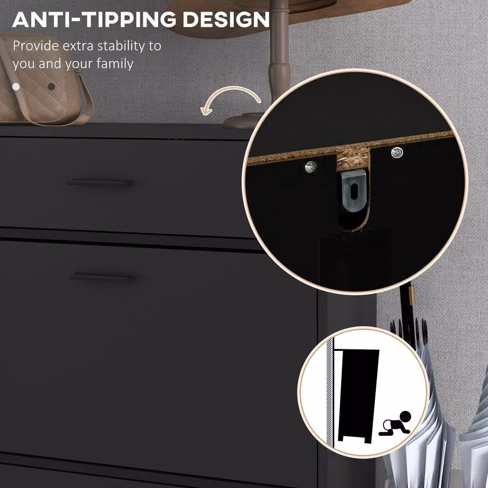 ERGOVEXA Slim Black Shoe Storage Cabinet with 3 Tilting Drawers and Internal Shelves – 4