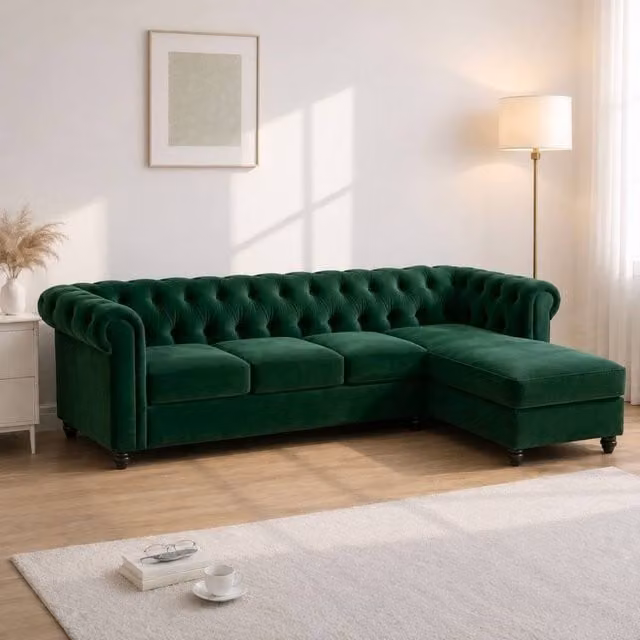 Sofaya Hampton 4 Seater L Shape Chesterfield Sofa in Green Velvet with Right Hand Chaise – 1