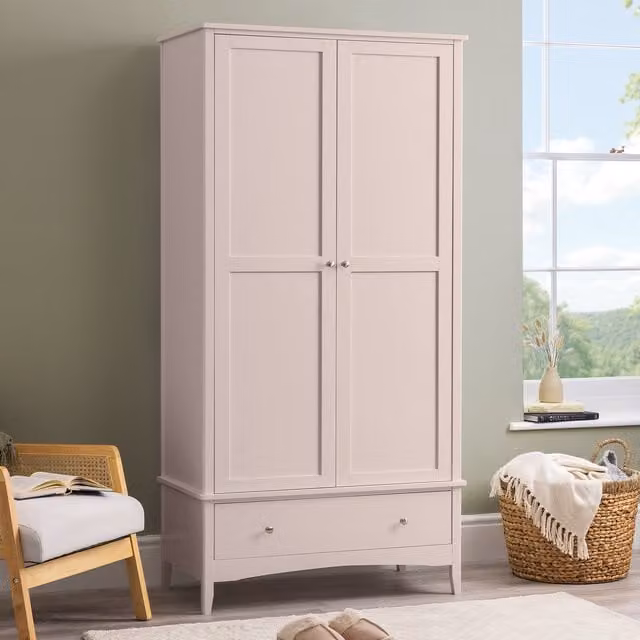 Christow Pink and White 2 Door 1 Drawer Bedroom Wardrobe with Soft Close Doors H 185 x W 94.5 x D 50 cm