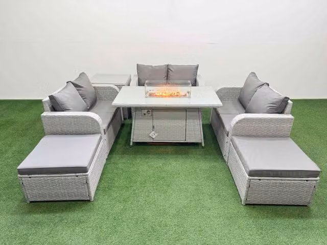 Fimous 8 Seater PE Wicker Rattan Garden Furniture Set in Light Grey with Firepit Dining Table, 2 Seater Love Sofa, 2 Footstools and Side Table