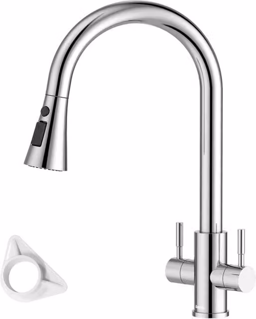 Dayone Sleek Dual Lever Kitchen Tap in Silver Stainless Steel with Pull Out Spray Spout and 360 Degree Swivel