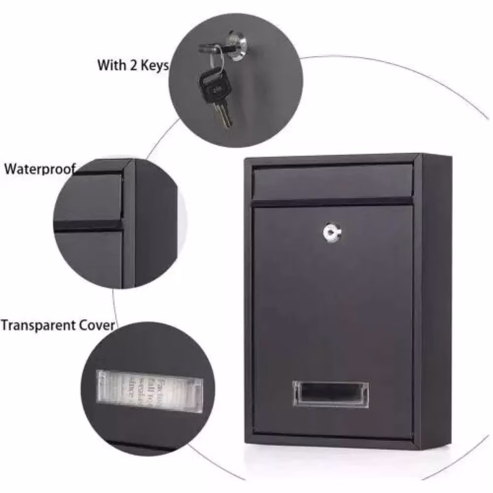 Nordara Black Steel Lockable Wall Mounted Outdoor Letterbox W/D/H: 32 x 32 x 9 cm – 4