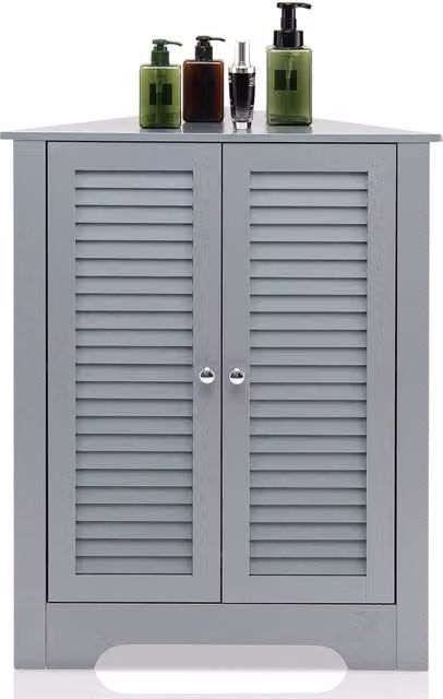 Gymax Freestanding Corner Storage Cabinet with Double Roll Shutter Doors in Matt Grey